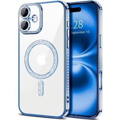 [Магнитный] чехол, совместимый с iPhone 16 - [Прозрачная задняя крышка] Luxury Diamonds blue