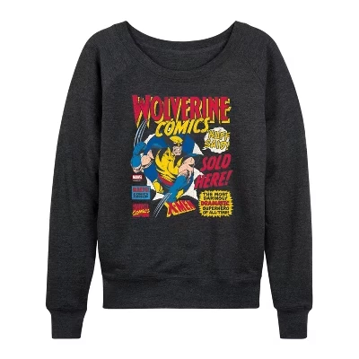 Women's -  - Wolverine Comics Ad Lightweight French Terry Wide Neck Long Sleeve Graphic Shirt heather charcoal