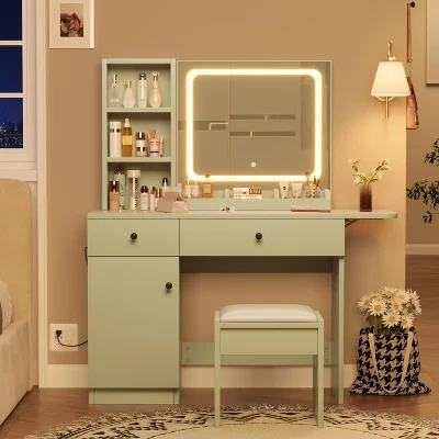 Vanity Table Set with Illuminated Mirror, Storage Stool & Expandable Top - Makeup Dressing Desk with Cabinet & Shelves green