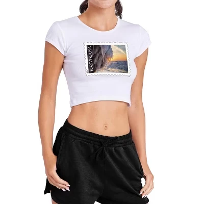 Women's USPS Winter Icy Sunset Waters Stamp Cap Sleeve Baby Rib Crop Top white