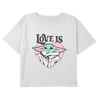 Укороченная футболка с рисунком мандалорца Love Is Grogu для девочек, белая