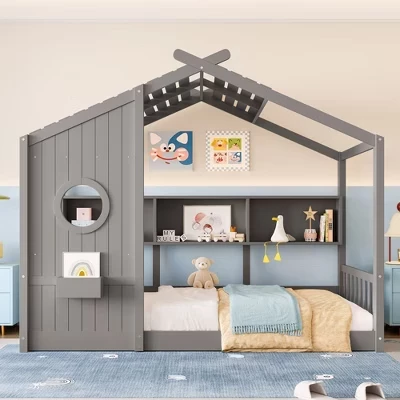 Каркас кровати Twin/Full Kids Floor House с полками для хранения вещей и крышей, современная кровать-платформа для книжных шкафов, пружинный блок не требуется. Серый
