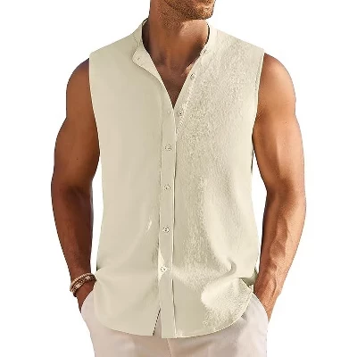Men's Summer Beach Tank Tops Sleeveless Button Up Shirt Casual Textured Tank Shirts beige