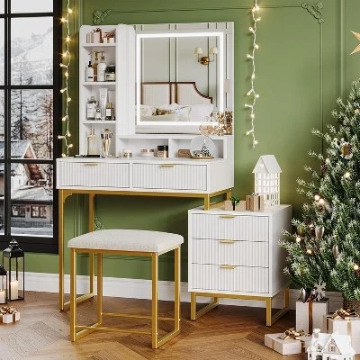 Makeup Vanity Desk with Mirror and Lights, Vanity Table Set with 3 Adjustable Lighting Colors, Dressing Table With 5 Large Drawers, White white
