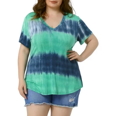 Повседневные футболки с V-образным вырезом и коротким рукавом в полоску Tie Dye Basic для женщин больших размеров - зеленый