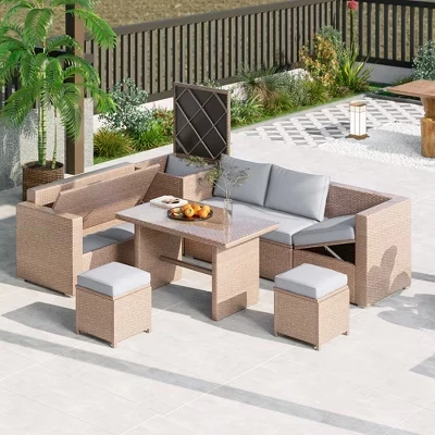 Набор для разговоров из ротанга Patio PE 6ШТ, уличный плетеный секционный диван с ящиком для хранения и столешницей из закаленного стекла - натуральный
