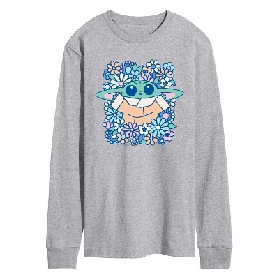 Мужская футболка с длинным рукавом Grogu Flowers и графическим рисунком athletic heather