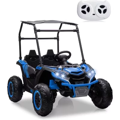 Внедорожник 24V Kids UTV, электрический грузовик 4x4 с козырьком от солнца, пультом дистанционного управления, светодиодными фарами, амортизатором, звуковым сигналом и музыкальным плеером синего цвета