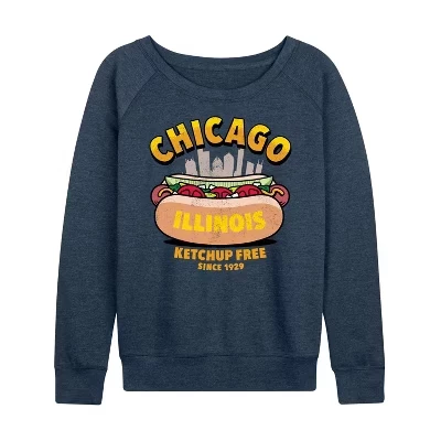 Женская рубашка Chicago Hot Dog Skyline из легкого французского махрового полотна с широким вырезом и длинным рукавом с графическим рисунком heather indigo
