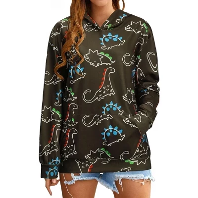 Women's Cute Dinosaur Graphic Long Sleeve Casual Loose Hooded Pullover Sweatshirt with Pocket Hoodie brown