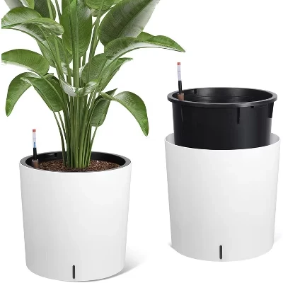 20-Inch Self-Watering Tall Planters (Set of 2) with Drainage, Water Monitor, Wheels & Inner Pot for Indoor/Outdoor, White white