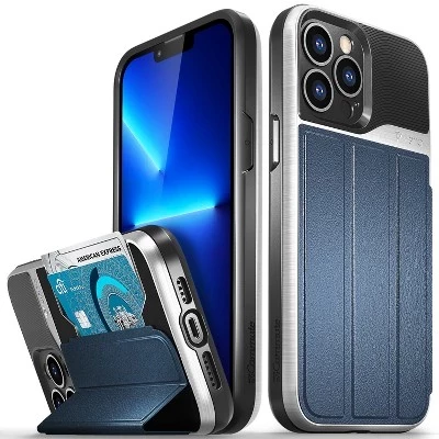 vCommute для Apple iPhone 13 Pro Max Чехол-бумажник, чехол с подставкой, кожаный держатель для карт [Защита от падения военного класса], Синий