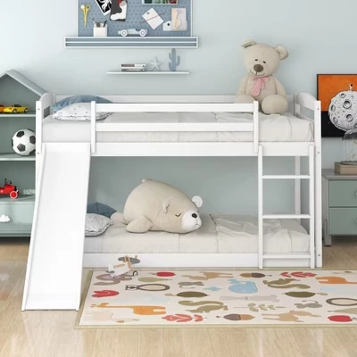Двухъярусная кровать Twin Over Twin с лестницей, каркас двухъярусной кровати из сосны с откидной горкой для детей и подростков в общежитии белого цвета