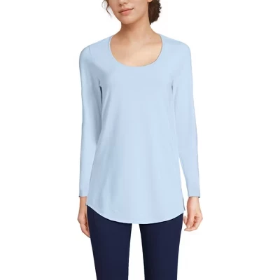 Women's Plus Size Long Sleeve Power Performance Scoop Neck Curved Hem Tunic Tee light blue