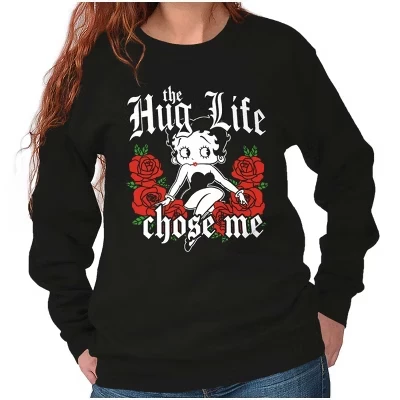 Женская толстовка с круглым вырезом Betty Boop Hug Life Chose Me Roses лицензионного черного цвета