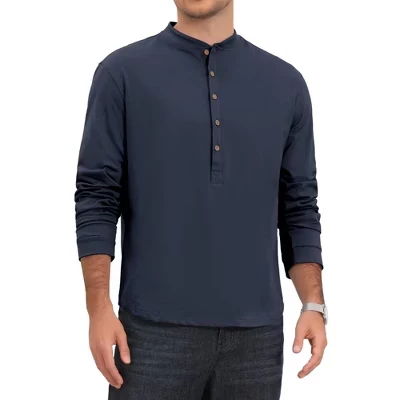 Мужская хлопковая футболка Henley, пуловер с длинным рукавом, базовые футболки