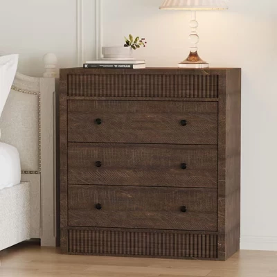 Fluted 3 Drawer Dresser, 32in Tall 3 Chest of Drawers with Double Waveform Fluted Panel, Wooden Cabinet for Bedroom Living Room Nursery walnut