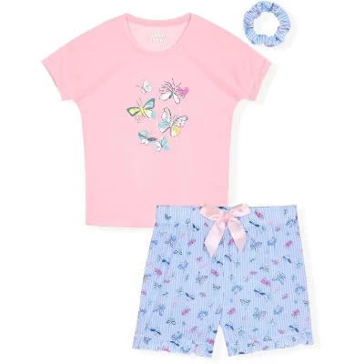 Girls 2-Piece Short-Sleeve Jersey Pajama Shorts Set with Matching Hair Scrunchie pink