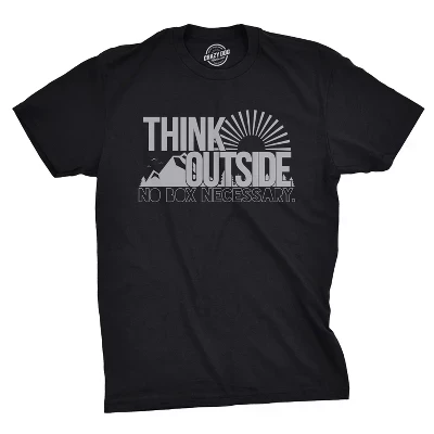 Мужская футболка Think Outside Funny No Box, необходимая для пешего туризма и кемпинга, винтажная графическая футболка - Crazy Dog Мужская футболка для отдыхающих