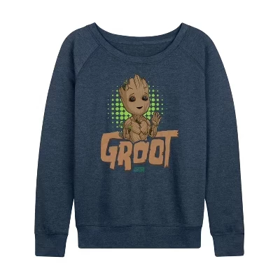 Женская футболка Guardians of the Galaxy Baby Groot из легкой махровой ткани с широким вырезом и длинными рукавами цвета Хизер индиго