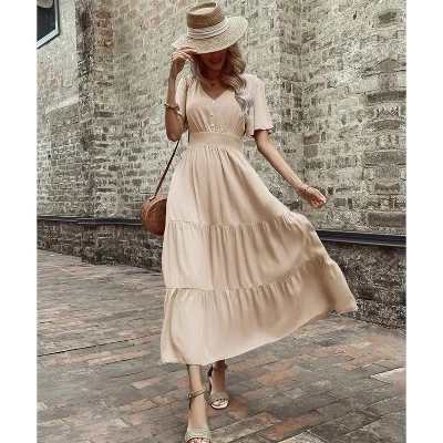 Женское платье BLUEMING макси с ярусами, абрикосовое