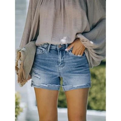 Women's Ripped High Waisted Denim Shorts Stretchy Cuffed Hem Jean Shorts light blue