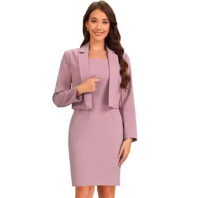 Women's Sleeveless Long Sleeve Cropped Blazer Work Outfit Business Bodycon Dress Suit Set gray (2)