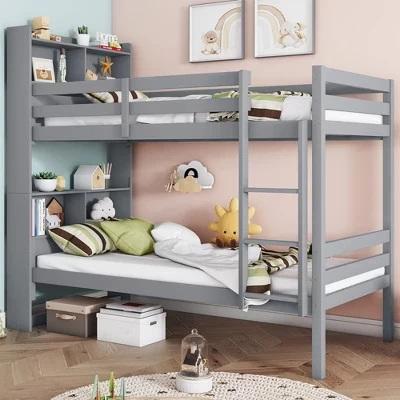 Съемная двухъярусная кровать Twin over Twin с полками в изголовье для детей и подростков, деревянный каркас двухъярусной кровати с лестницей и поручнями, разделенный на 2 односпальные кровати серого цвета