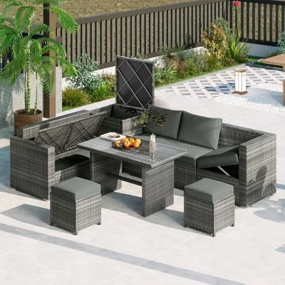Набор для разговоров из ротанга Patio PE 6ШТ, уличный плетеный секционный диван с ящиком для хранения и столешницей из закаленного стекла - серый