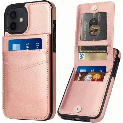 Чехол, совместимый с iPhone 12/12 Pro - [Держатель для карт с 6 слотами] Тонкий кожаный бумажник розового цвета