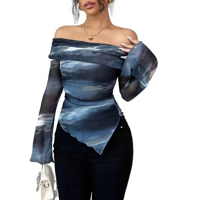 Женская футболка Tie Dye с открытыми плечами и длинным расклешенным рукавом с рюшами, асимметричный выходящий топ