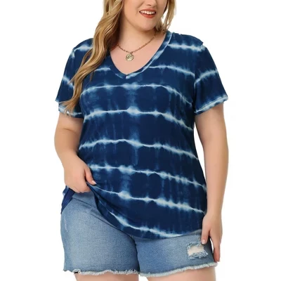 Повседневные футболки с V-образным вырезом и коротким рукавом в полоску Tie Dye Basic для женщин больших размеров - синий