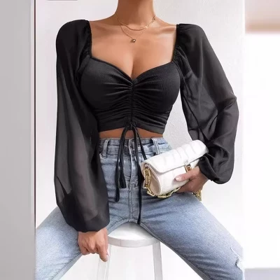 Женская блузка Slim Fit с V-образным вырезом и длинным рукавом из шифоновой ткани с завязками-фонариками черного цвета