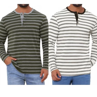 Мужские футболки Henley в полоску контрастных цветов с длинными рукавами, 2 упаковки белого цвета
