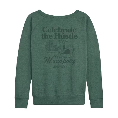 Женская рубашка Celebrate The Hustle из легкого французского махрового материала с широким вырезом и длинными рукавами с графическим рисунком heather juniper
