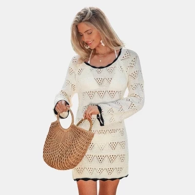 Women's Elegant Crochet Long sleeves Mini Cover Up Dress beige