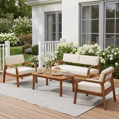 Современный уличный диван Carter Patio из дерева акации, состоящий из 4 частей, с подушками из тика/кремового дерева