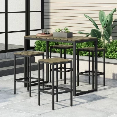 Elkhart Outdoor Современный промышленный барный набор из 5 предметов из дерева акации серого цвета