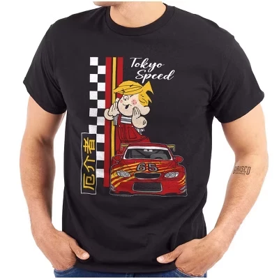Футболка с графическим изображением Dennis The Menace иероглифами Tokyo Speed для мужчин или женщин, лицензионная черная