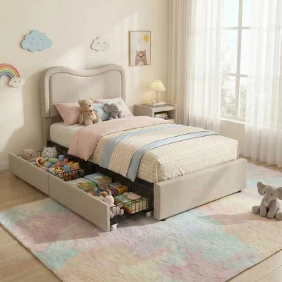 Каркас кровати Boucle Twin/Full/Queen-size с изголовьем и 2 ящиками для хранения вещей - Детская подростковая кровать-платформа