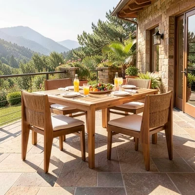 Современный обеденный гарнитур Huno Acacia Patio с плетеными стульями со спинками и решетчатым столом из тикового дерева