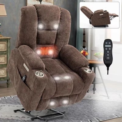 Серое синелевое большое кресло-качалка с механическим подъемом, массажем и подогревом, 2 стальных подстаканника для пожилых людей коричневого цвета