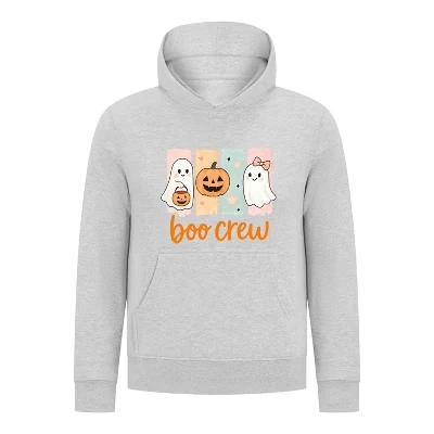 Пуловер с капюшоном на Хэллоуин “Boo Crew” – Милые привидения и тыквы – Уютная осенняя толстовка для девочек, цвет Хизер Грей серый