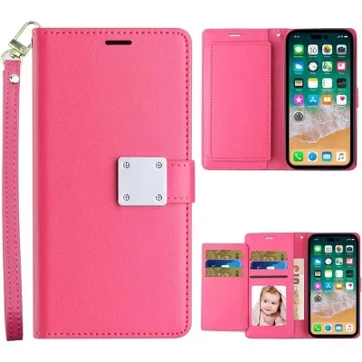 Чехол, совместимый с iPhone 16 Pro Max - Складной кожаный бумажник, держатель для карт и ремешок розового цвета