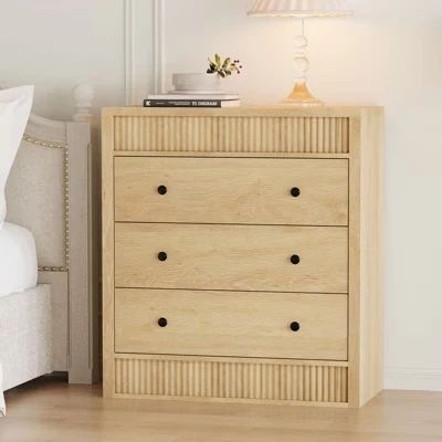 Fluted 3 Drawer Dresser, 32in Tall 3 Chest of Drawers with Double Waveform Fluted Panel, Wooden Cabinet for Bedroom Living Room Nursery natural