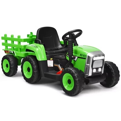 Детский трактор Costway 12V с прицепом, зеленый