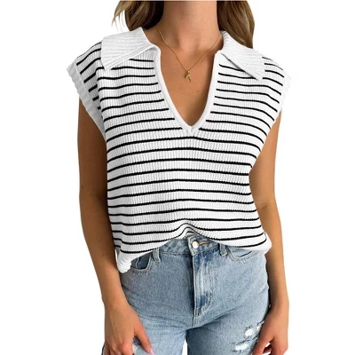 Womens Summer Sweaters Striped V-Neck Knit Top with Casual Collared Design white
