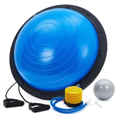 23‑дюймовый тренажер Half Balance Ball (вместимость 1600 фунтов), нескользящий мяч для полуприцепов с эспандерами, накачкой и дополнительным мячом для тренировки мышц спины и всего тела синего цвета