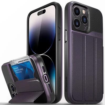 Чехол-портмоне vCommute для Apple iPhone 14 Pro Max Case, чехол с подставкой, кожаный держатель для карт [Защита от падения военного класса], коричнево-фиолетовый