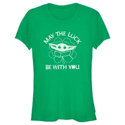 Juniors Womens : The Mandalorian St. Patrick's Day Grogu May the Luck be with You Distressed T-Shirt green